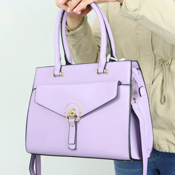 Lavender Light Purple Faux Leather Tote Purse Cross Body Hand Bag - Picture 9 of 12